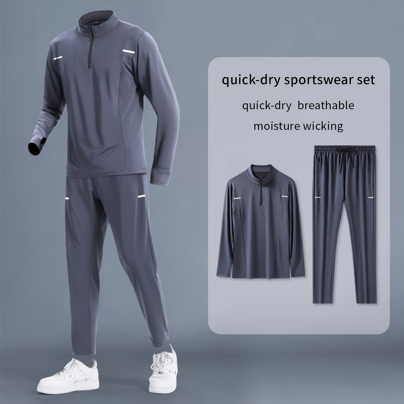 

Men's Quick-dry Athletic Set - Breathable & Moisture-wicking Long Sleeve Zip-up Jacket With Stand Collar & Matching Pants, Striped Detail, For Running, Cycling & Fitness, All