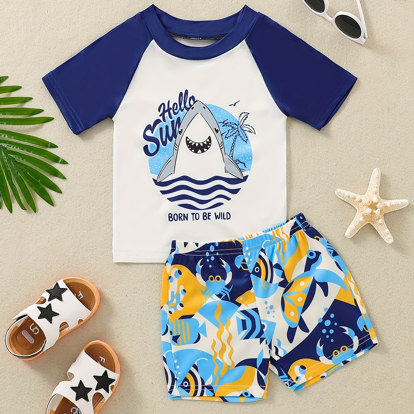 

2pcs Cartoon Sea Animals Pattern Swimsuit For Boys, T-shirt & Swim Trunks Set, Stretchy Surfing Suit, Boys Swimwear For Summer Beach Vacation