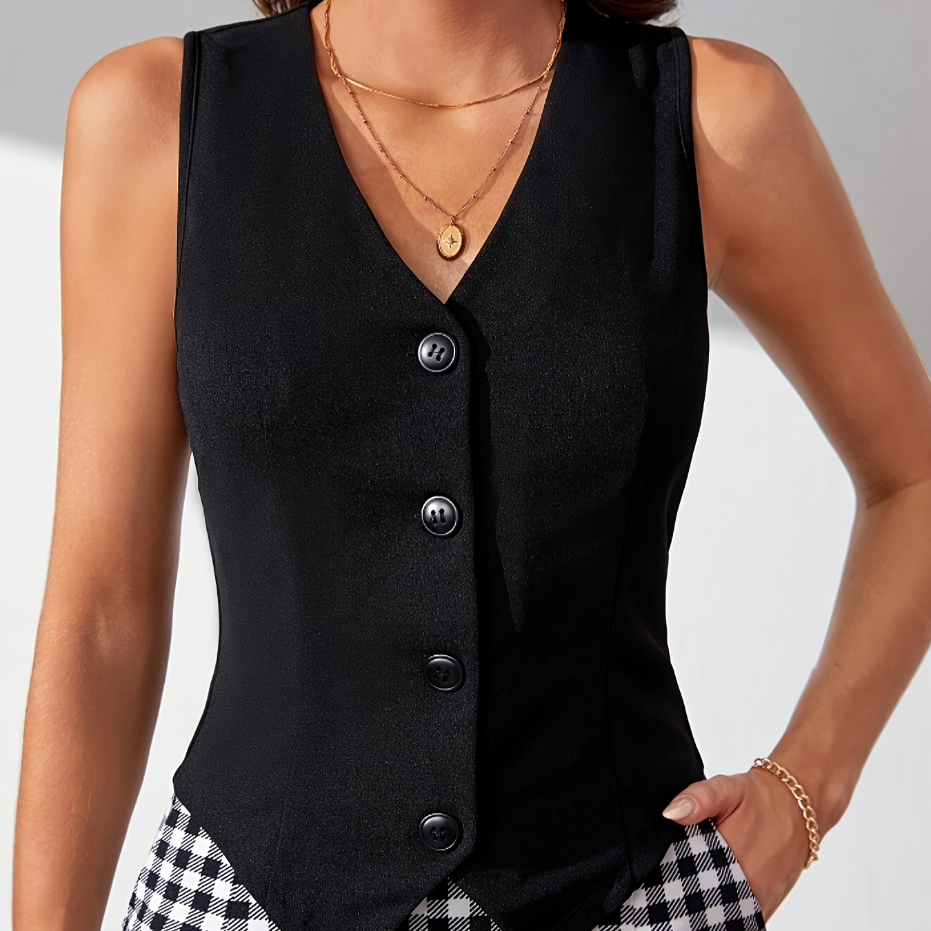 

Button Front V Neck Vest, Elegant Split Hem Sleeveless Slim Fit Vest For Spring & Summer, Women's Clothing