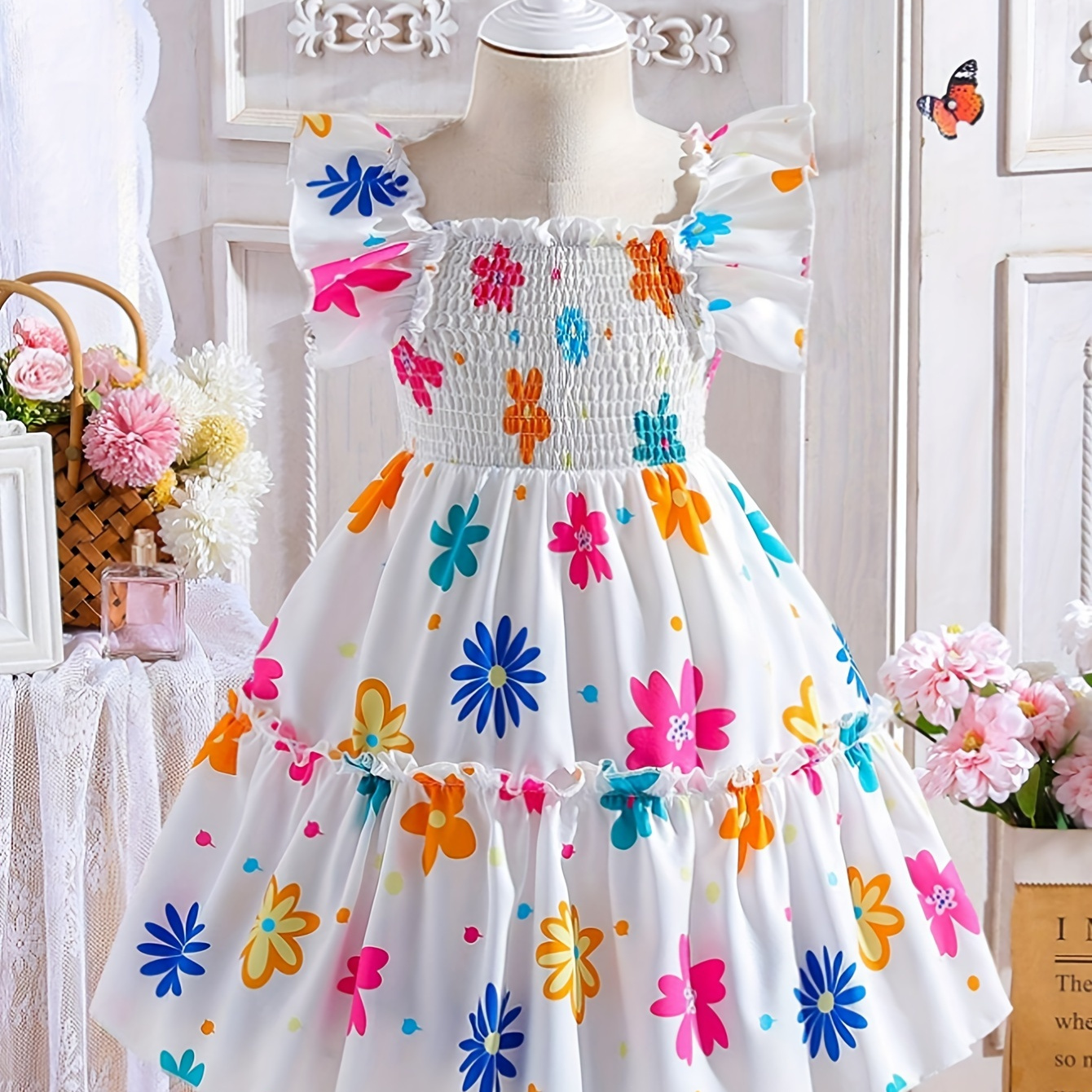 

Vibrant Flowers Smocked A-line Sleeve Dress For Girls - Clothing, Casual Wear, Party, Gift