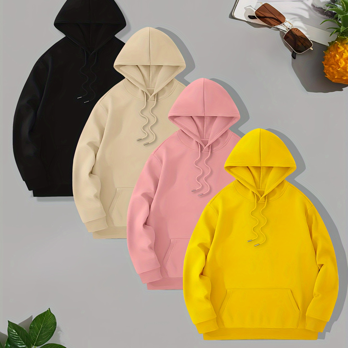 

4pcs Classic Solid Hoodie, Cool Hoodies For Men, Men's Casual Trendy Design Pullover Hooded Sweatshirt With Kangaroo Pocket Streetwear For Winter Fall, As Gifts