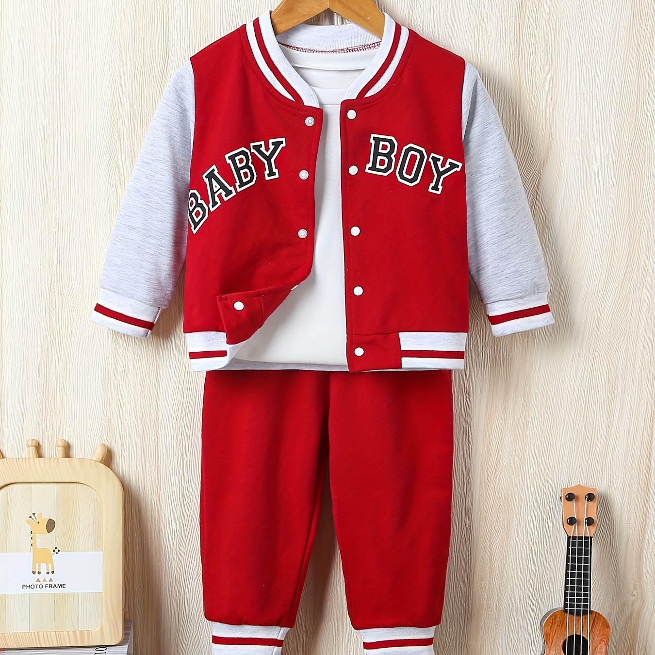 

Casual Trendy "baby Boy" Print Outfit, Long-sleeved Buckle Jacket & Pants Suit, Daily Wear Autumn And Winter Clothes
