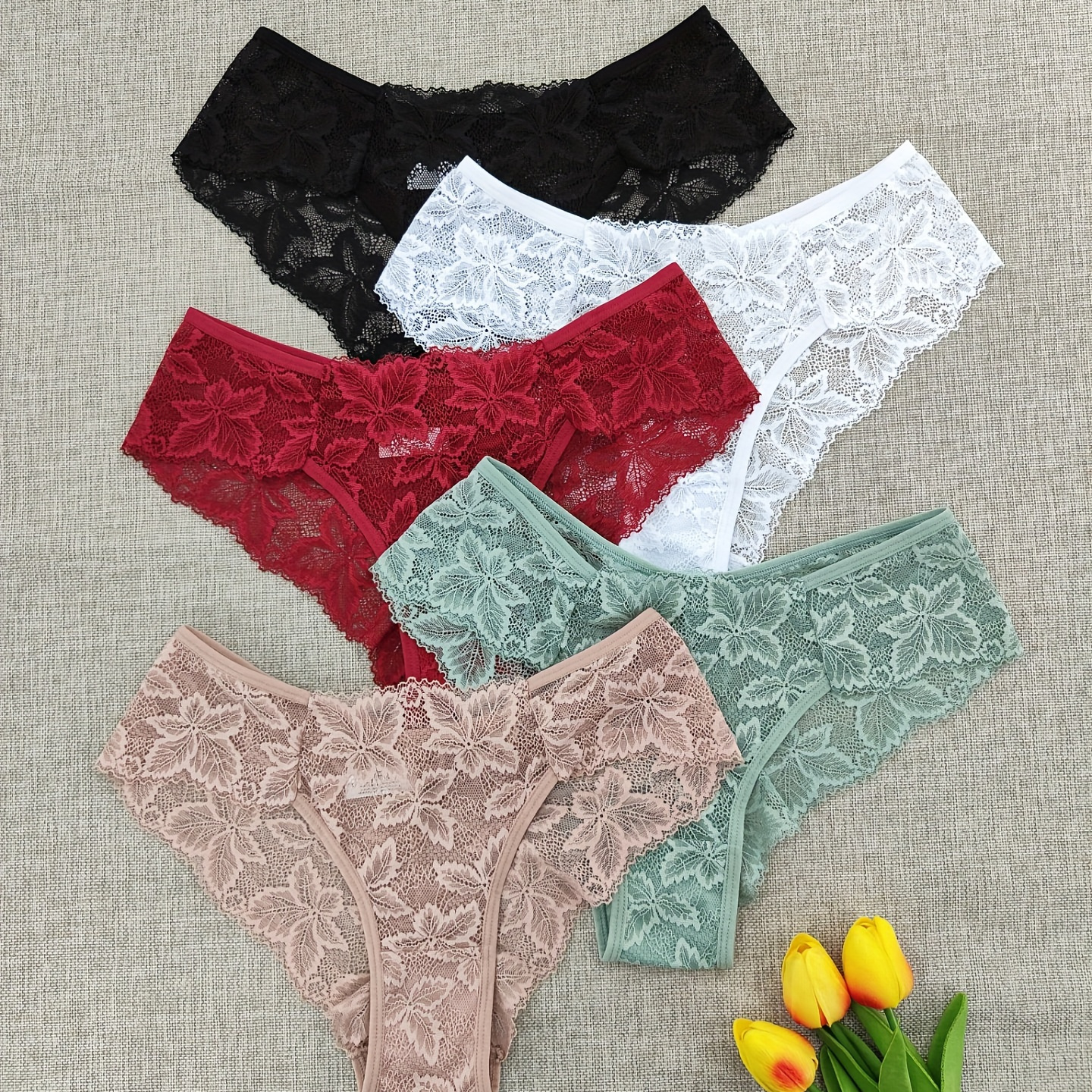 

5pcs Solid Lace Briefs, Sexy Comfy Breathable Stretchy Intimates Panties, Women's Lingerie & Underwear