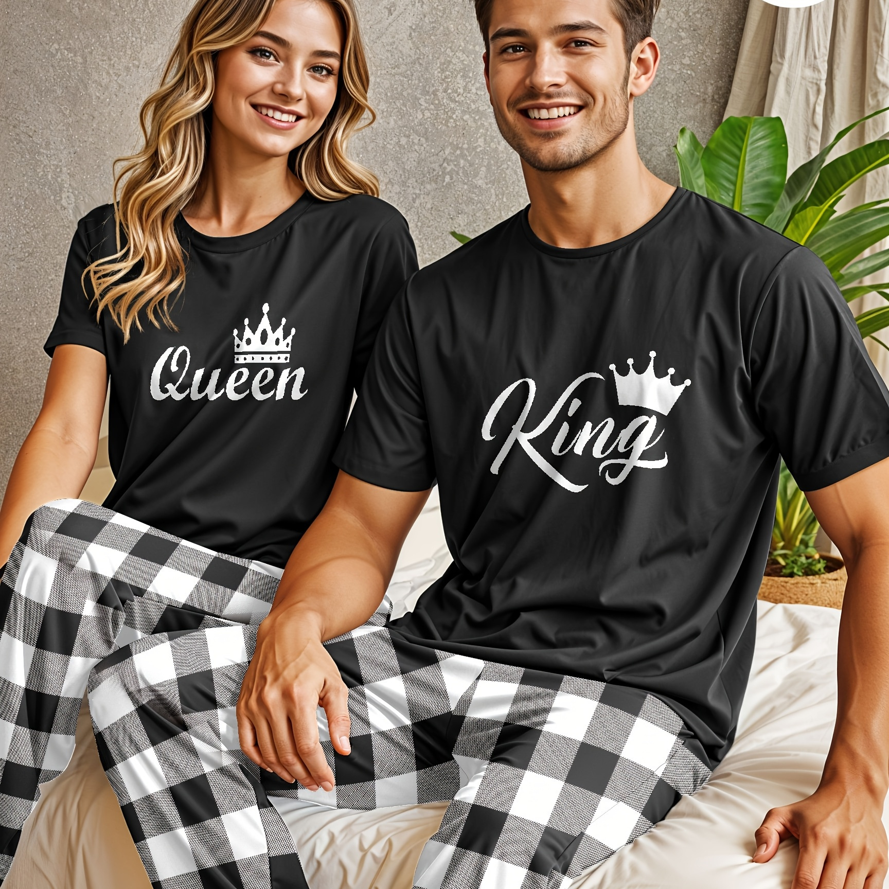 

Men's Comfortable Clothing Set - King & Crown Print T-shirt With Checkered Pants, Stretchy Polyester , Machine Washable