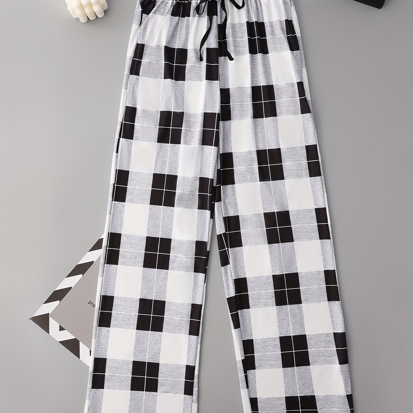 

Plaid Print Drawstring Waist Pants, Casual Straight Leg Pants, Women's Clothing