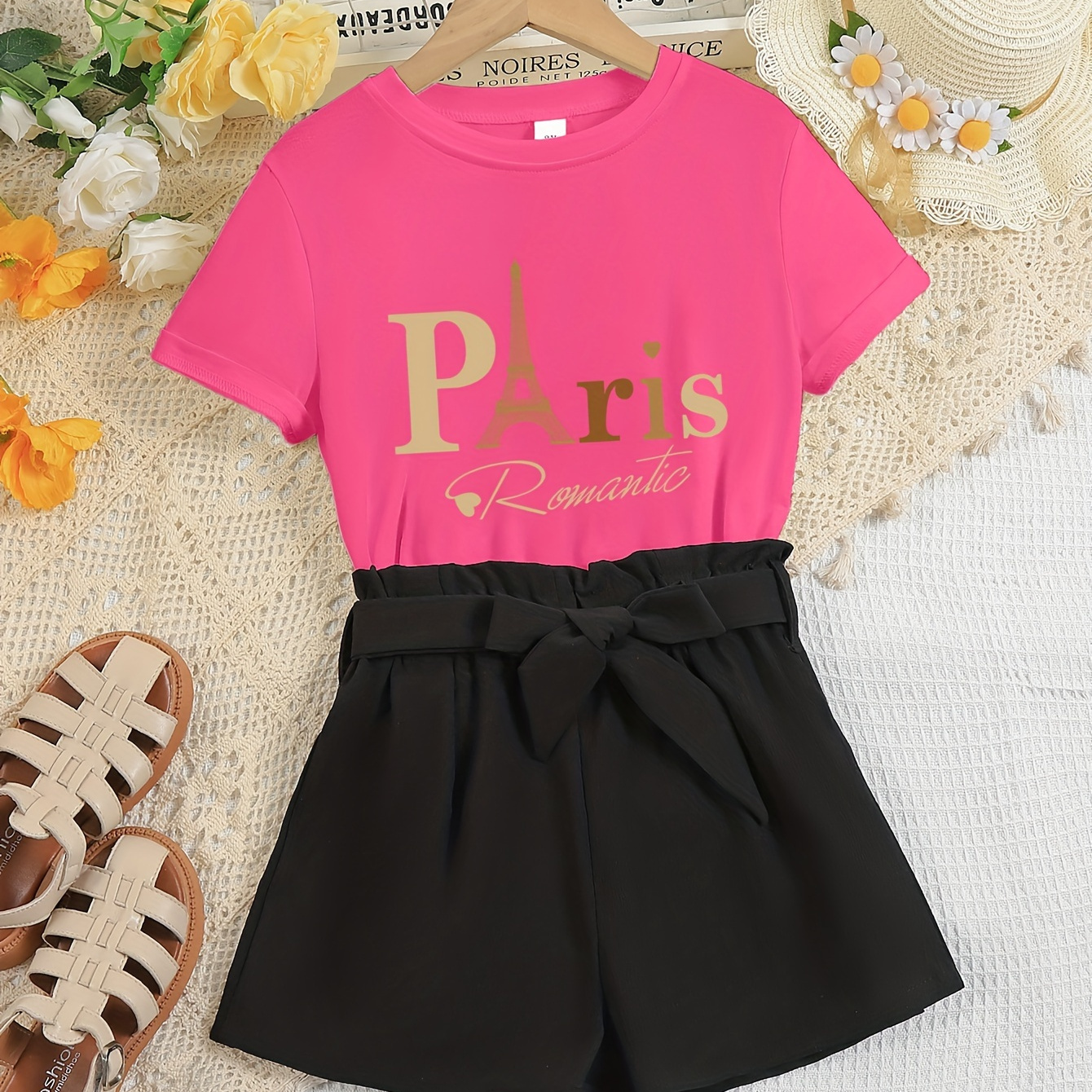 

paris" & The Eiffel Tower Print 2pcs Tween Girls Casual Comfortable Versatile Short Sleeve T-shirt & Shorts Set, Cute, Lightweight And Comfy Summer Clothes