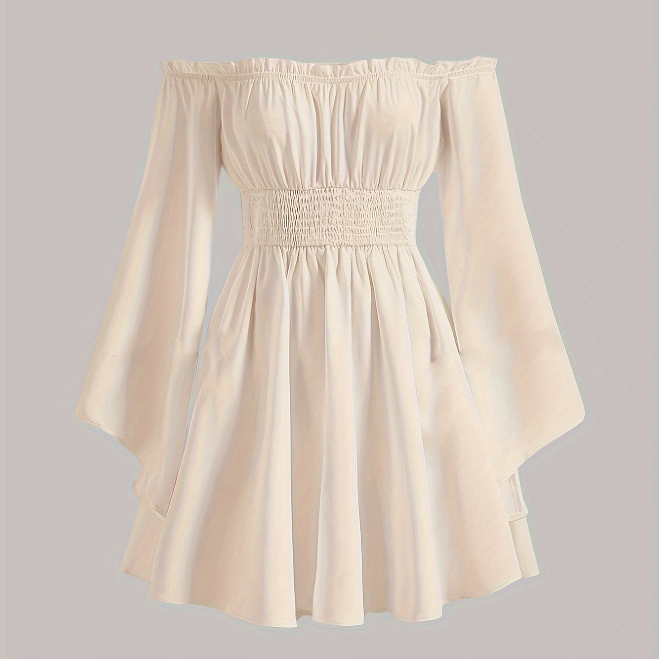 

Solid Color Off Shoulder Dress, Elegant Flare Sleeve Shirred Waist Dress For Spring & Fall, Women's Clothing