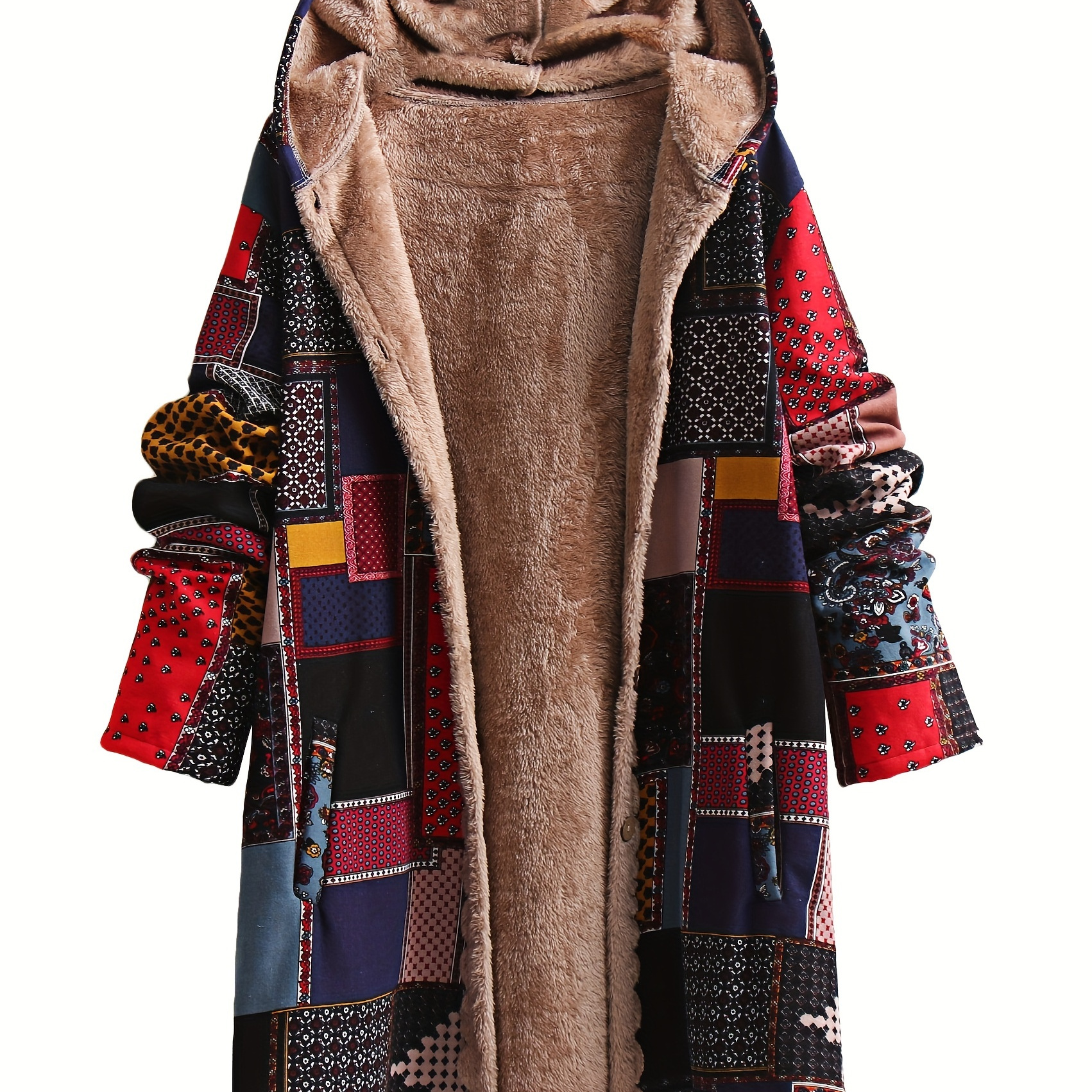 

Plus Size Boho Coat, Women's Plus Patchwork Print Liner Fleece Long Sleeve Button Up Hooded Tunic Coat With Pockets