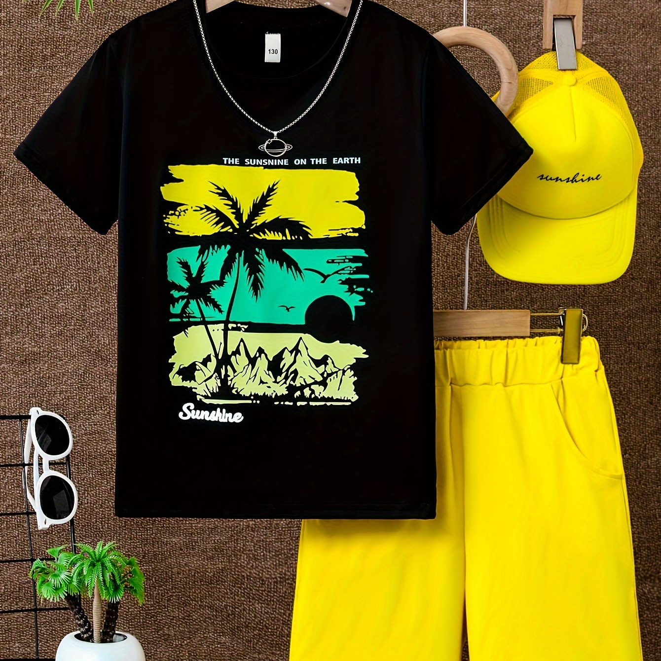 TEMU 2pcs Boys Casual Coconut Tree Print Comfortable Versatile Short Sleeve T-shirt & Shorts & Set, Cool, Lightweight And Comfy Summer Clothes!