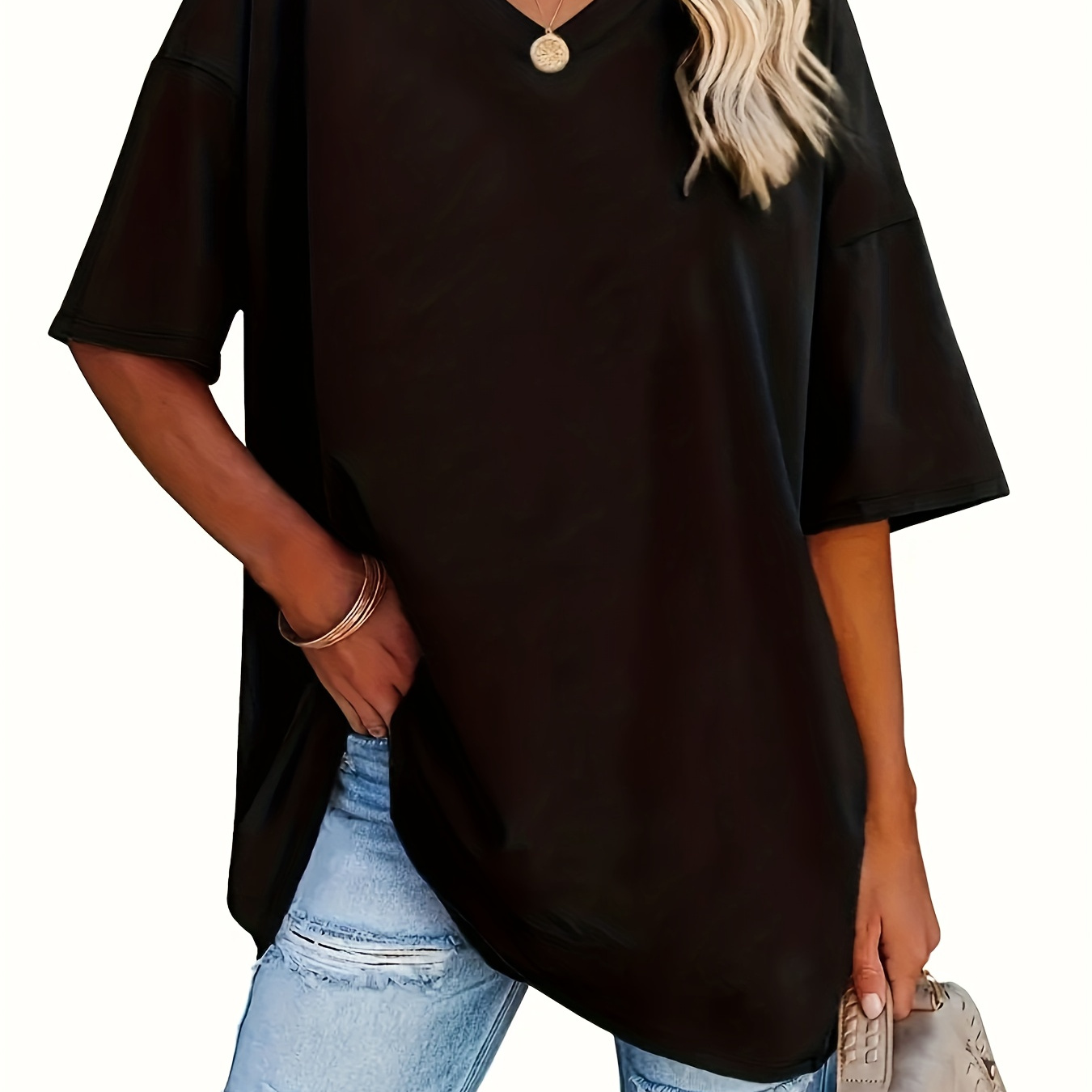 

Plus Size Women's V-neck T-shirt - Casual Solid Color, Short Sleeve, Stretchy Polyester , Machine Washable - Spring/summer
