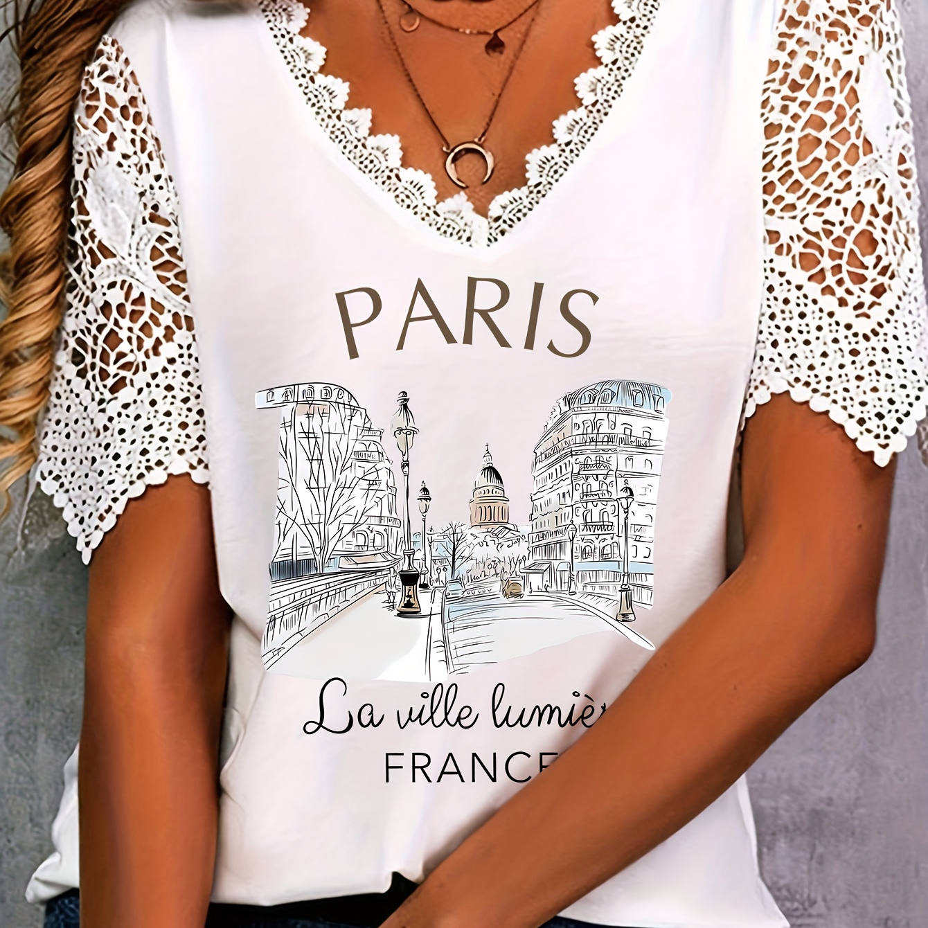 

Plus Size Paris Print Lace Stitching T-shirt, Casual Short Sleeve V Neck Top For Spring & Summer, Women's Plus Size Clothing