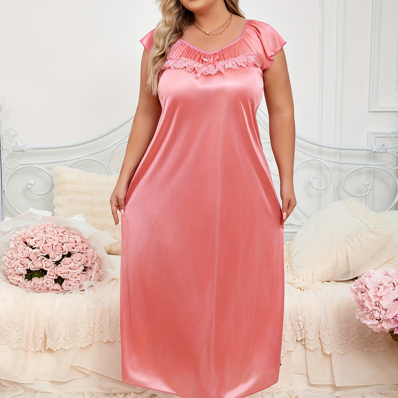 

Robe de nuit sexy pour femme, grande taille, en satin, avec dentelle contrastée, nœud décoratif et manches à volants