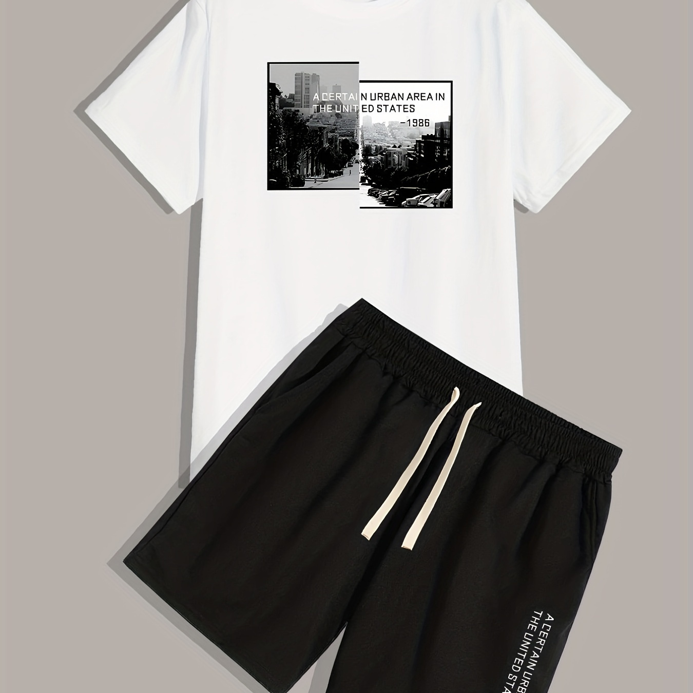 

Urban Area, Men's 2pcs, Short Sleeve Round Neck T-shirt And Drawstring Shorts Set