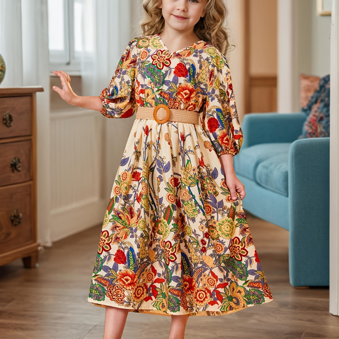 Mixed Floral 3/4 Sleeve Holiday Dress For Girls