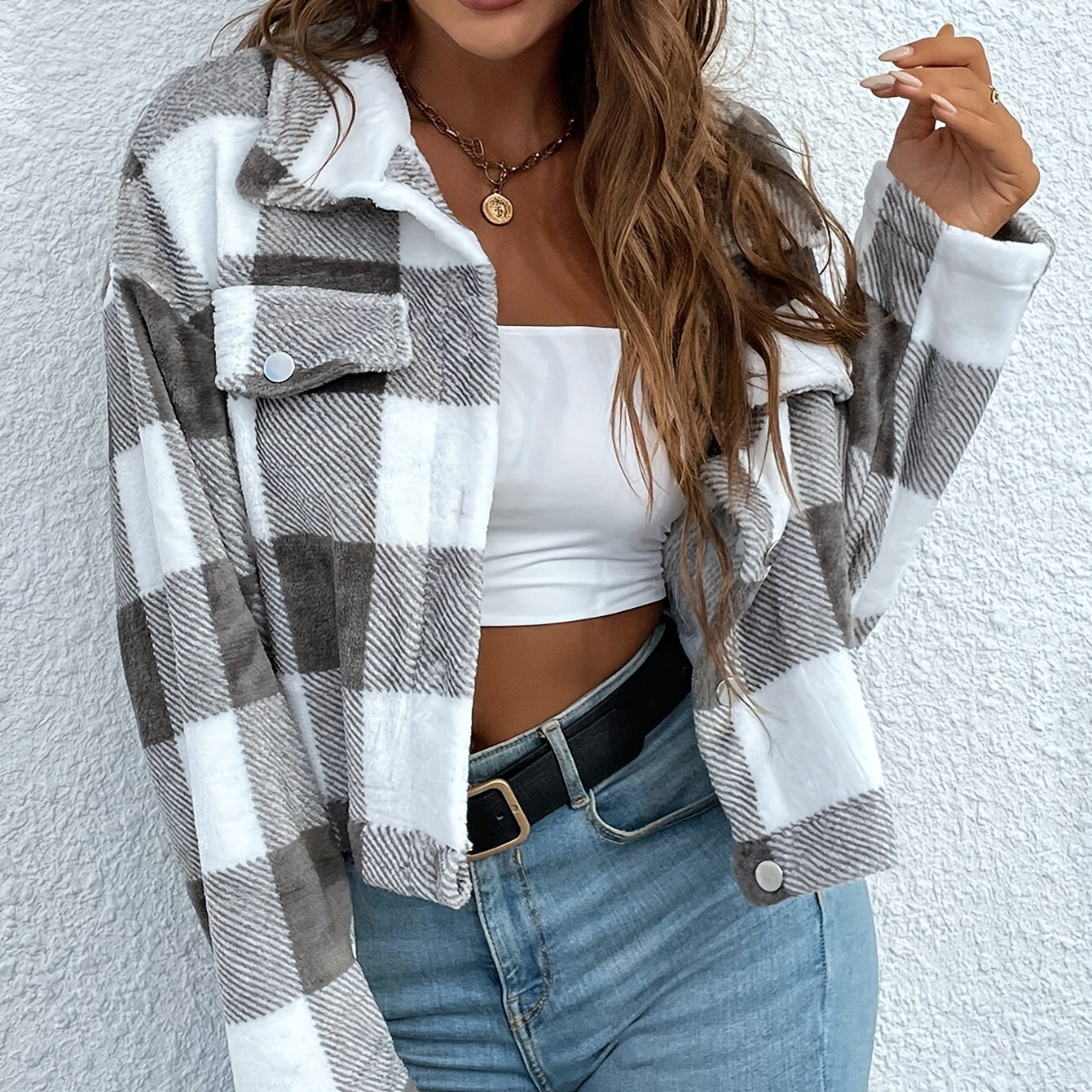 

Button Plaid Drop Shoulder Jacket, Casual Flap Pockets Long Sleeve Jacket For Fall & Winter, Women's Clothing