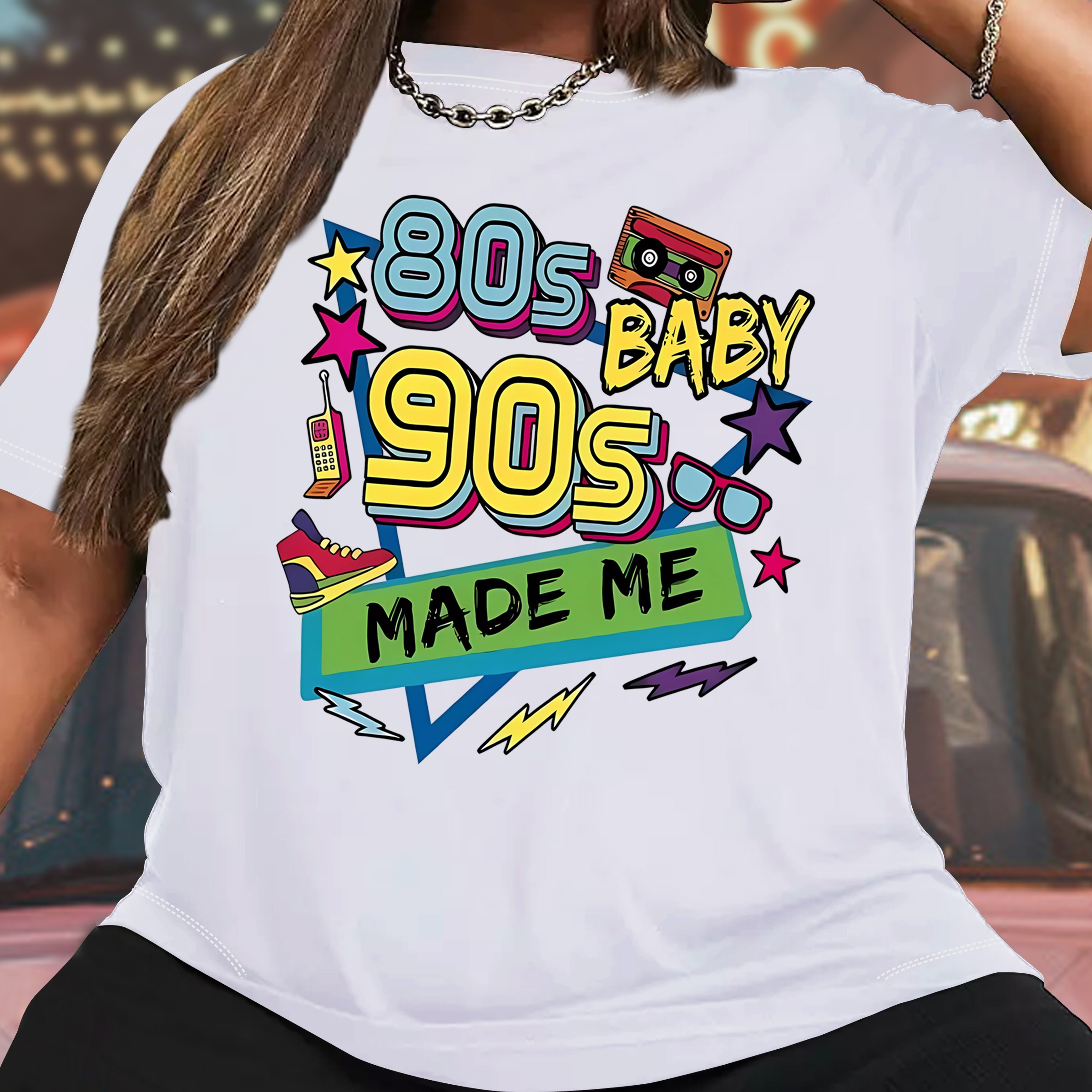

Retro 80s 90s Baby Made Me Graphic Tee, Plus Size Women's Fashion Casual Sporty Short Sleeve T-shirt With Colorful Number Print, Relaxed Fit Top