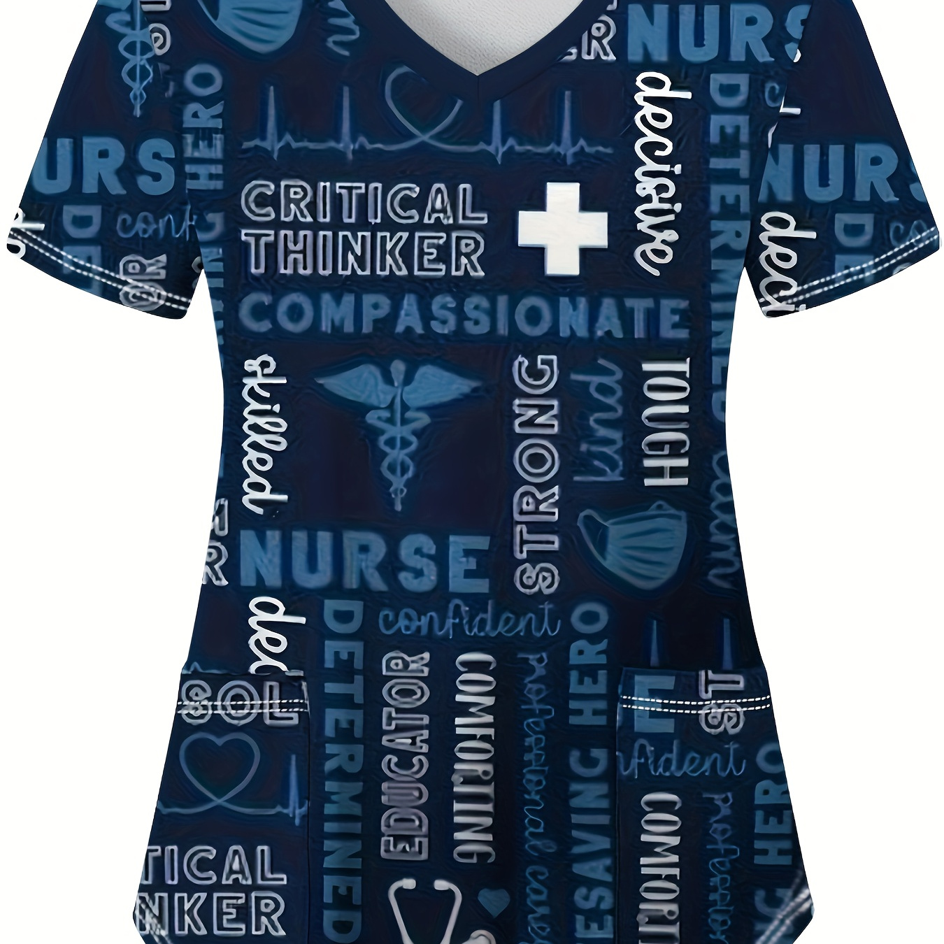 

Letter Print V-neck Scrub Top, Comfortable & Care Uniform Top, Working In Hospitals & Dental Office, Women's Work Clothing