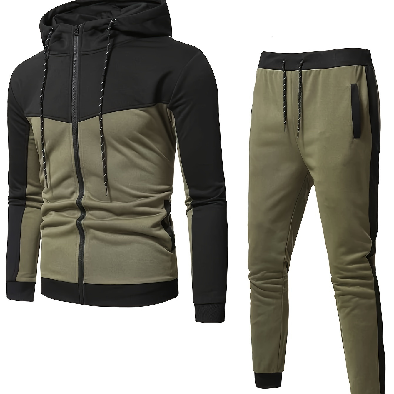 

Men's Polyester Sports Tracksuit, Hooded Color Block Sweatshirt And Joggers Set With Zipper Details, Slight Stretch Knit Fabric, Regular Fit Athletic Lash Sets