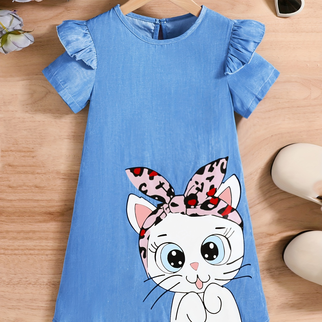 

Girls' Summer Denim Blue Cartoon Cat Print Dress With Ruffles, Casual Style, Keyhole Back Detail, Toddler/kids Clothing