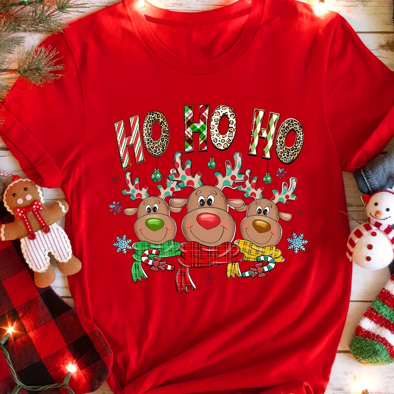 

Christmas Reindeer & Letter Print Comfy T-shirt, Round Neck Short Sleeve Sports Tee, Women's Activewear