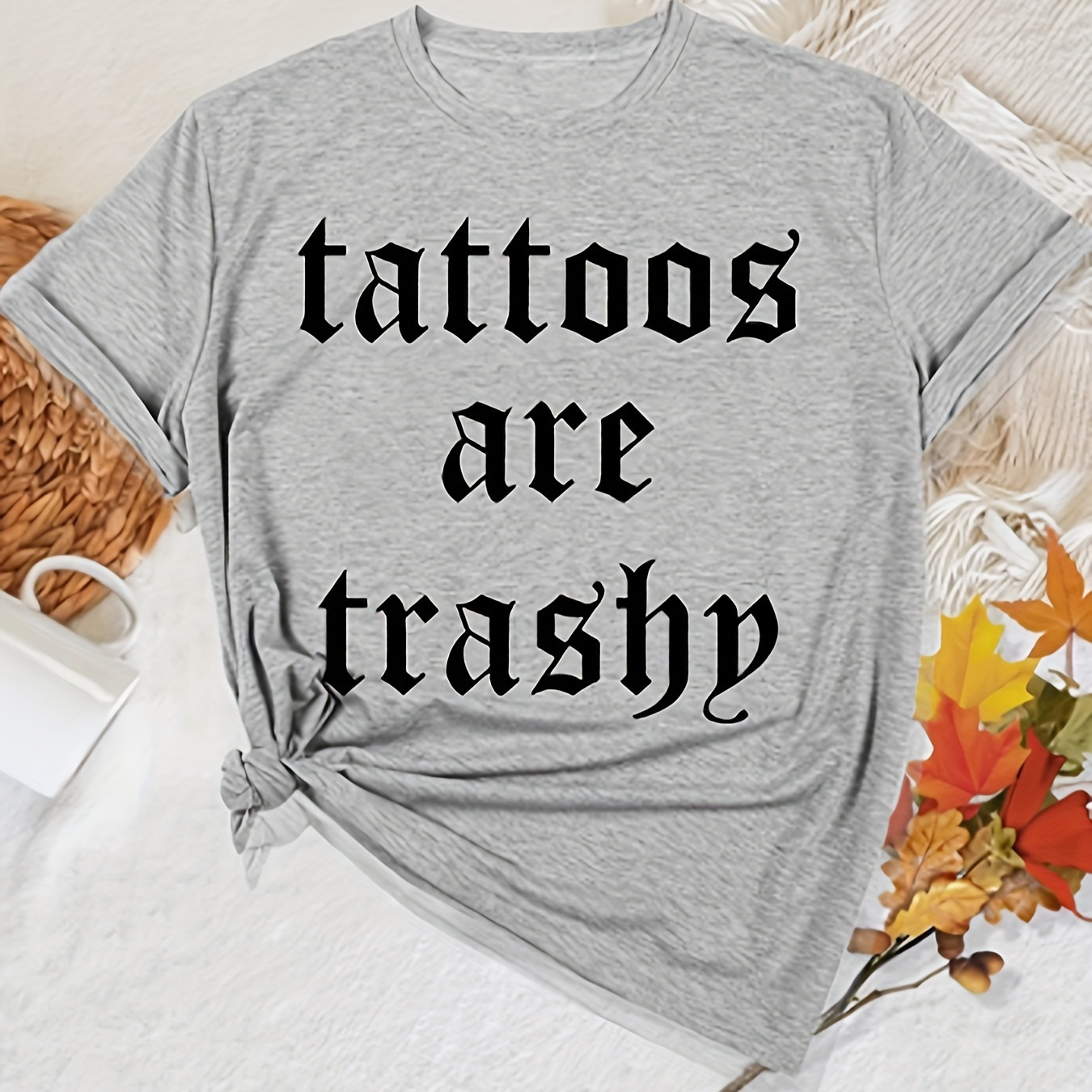 

Women's Casual Crew Neck T-shirt With "tattoos Are " Print, 100% Polyester Knit Fabric With Slight Stretch, Summer Floral Pattern Tee With No