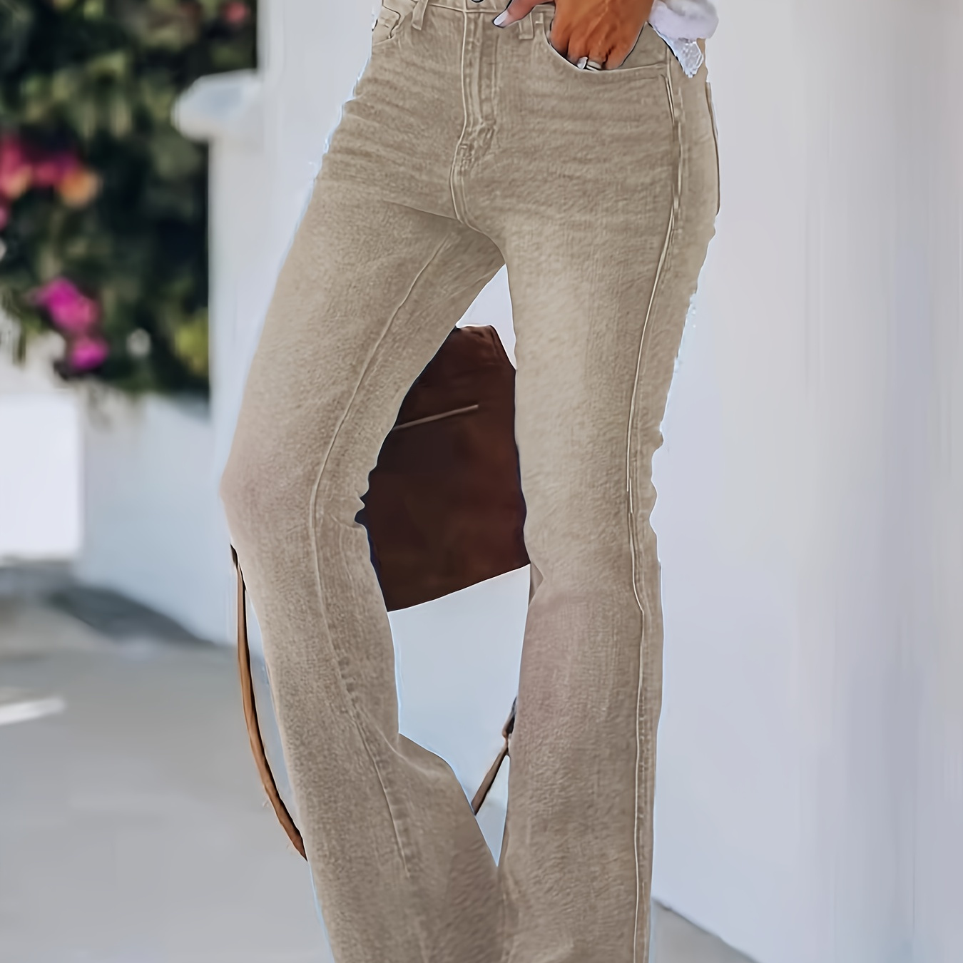 

Women's Stretch Khaki Flare Jeans - Mid-rise, Bell Bottom Denim With Pockets, Rayon/elastane/polyester , Ideal For All