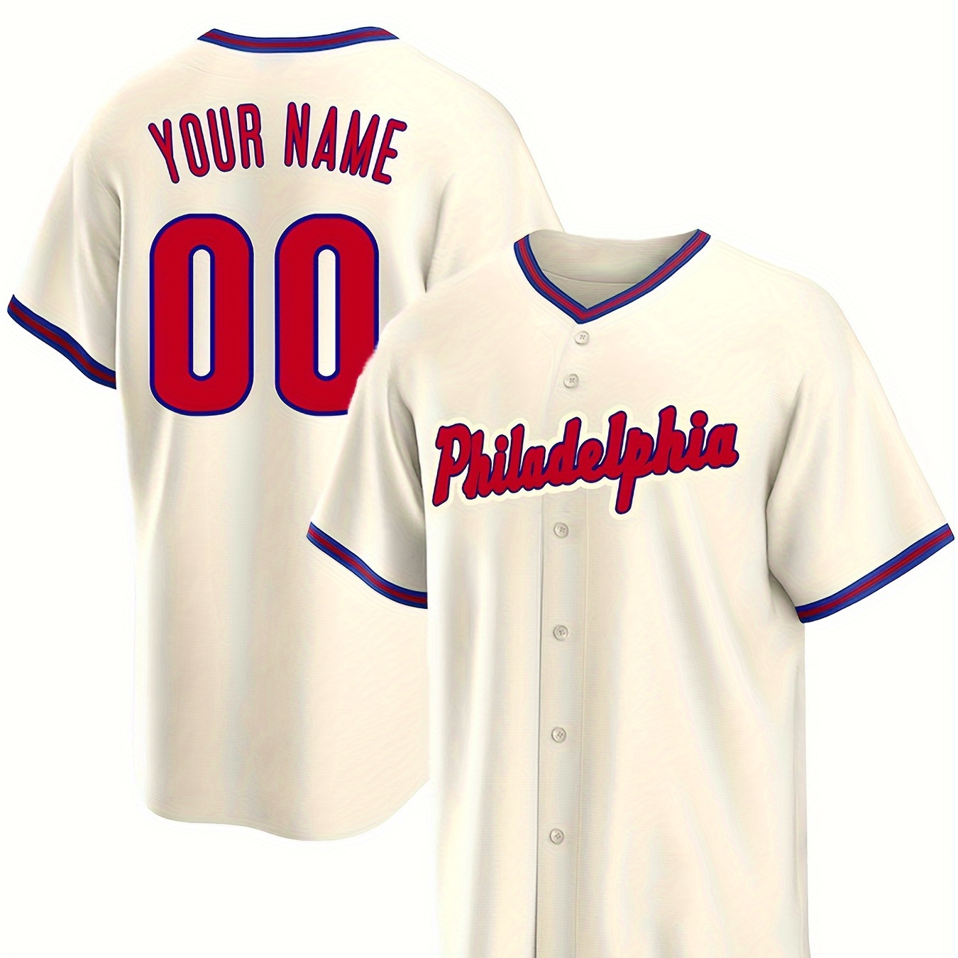 

Customized Name And Number Design, Men's Retro Philadelphia Short Sleeve Loose Breathable V-neck Embroidery Baseball Jersey, Sports Shirt For Team Training