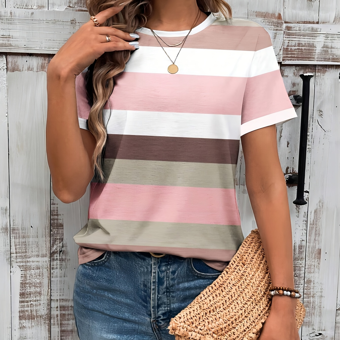 

Women's Casual Crew Neck Striped Short Sleeve T-shirt, 95% Polyester 5% Elastane, Knit Fabric, Regular Length, All , 180gsm - Fashionable And Comfortable