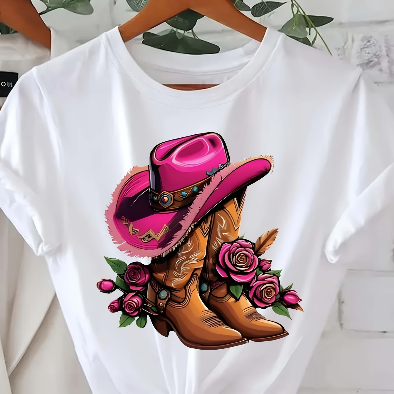 

Women's Chic Floral Cowboy Boot Graphic Tee - Casual Short Sleeve Crew Neck Top, Breathable Polyester ,