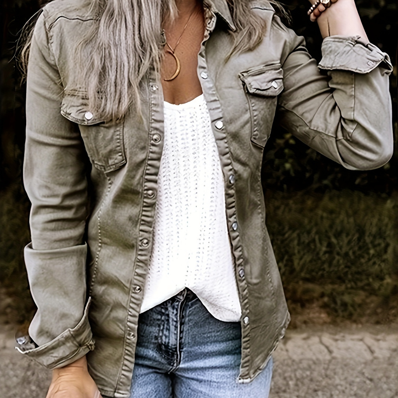 Grey Long Sleeve Flap Pockets Denim Coats, Single-Breasted Button Lapel Denim Jackets, Women's Denim Clothing