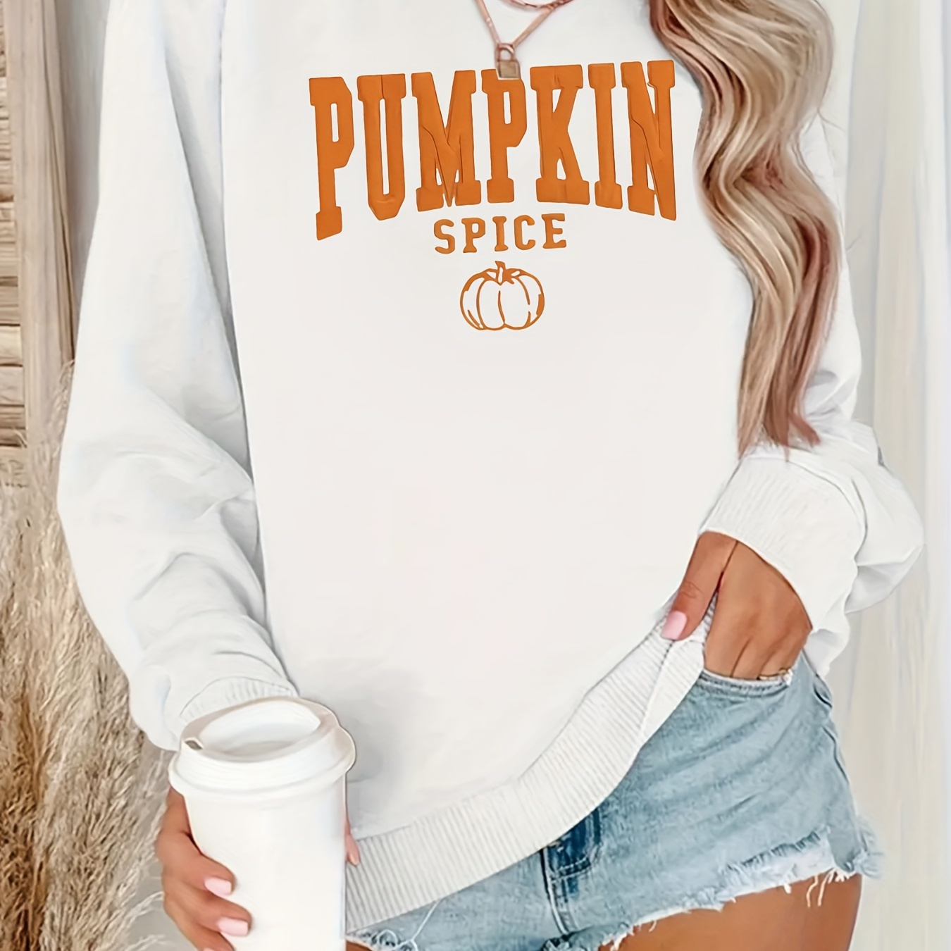 

Women's Cozy Pumpkin Print Crew Neck Sweatshirt - Casual Long Sleeve Pullover For Fall & Winter, Machine Washable