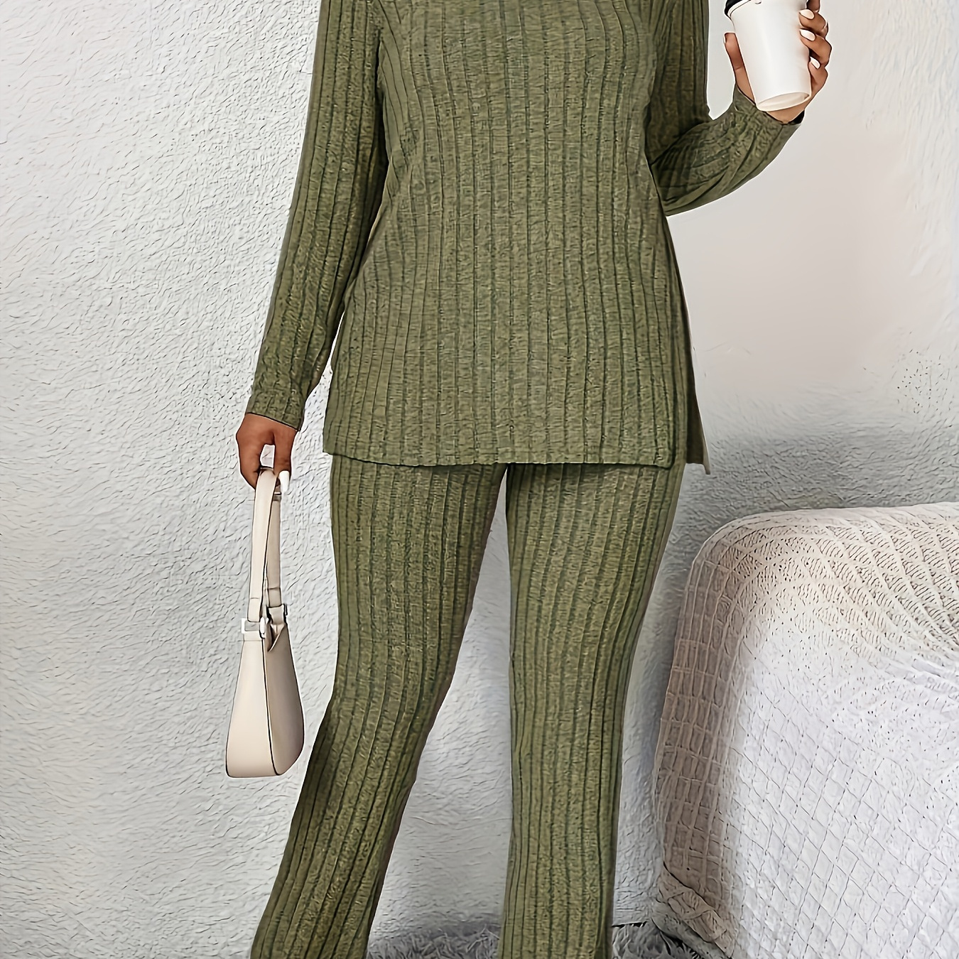 

Women's Plus Size Olive Green Ribbed Knit Outfit - Casual Long Sleeve Round Neck Top & High-waisted Pants Set, Machine Washable