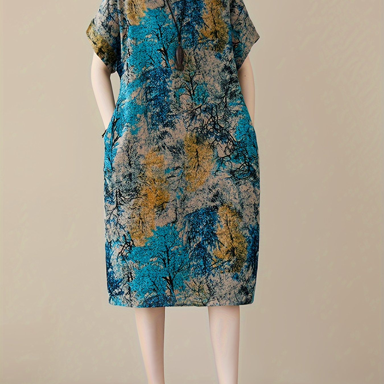 

Women's Plus Size Floral Print Linen Dress - Casual Round Neck With Pockets, Machine Washable