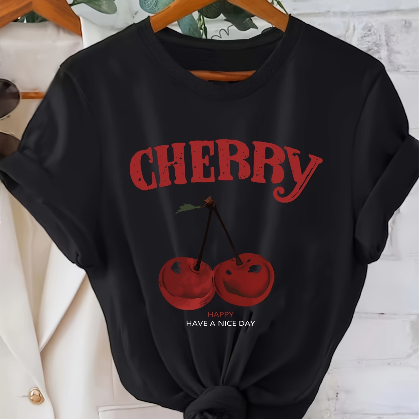 

Spring/summer-autumn Cherry Print T-shirt Short Sleeve Crew Neck Casual Top Women's Plus Size T-shirt