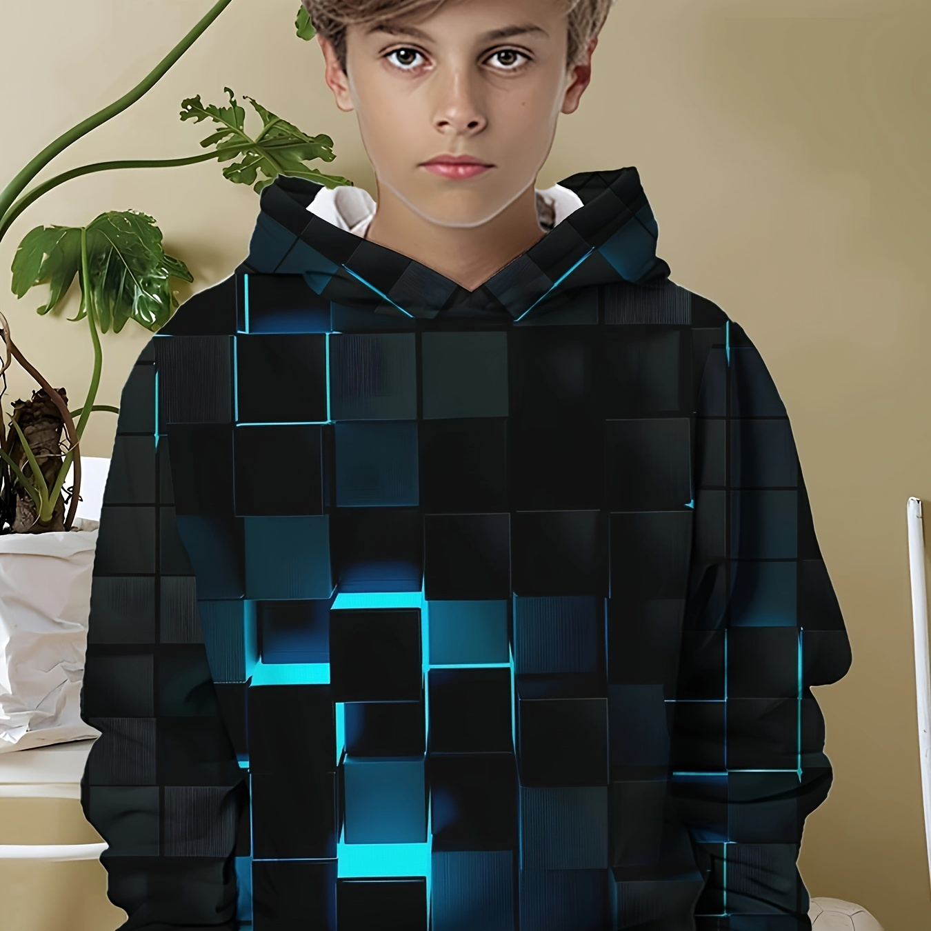 

Hoodies Boys Cube Squares Print Hoodies Long Sleeved Hoodie With Pockets Fashion Fall Tops