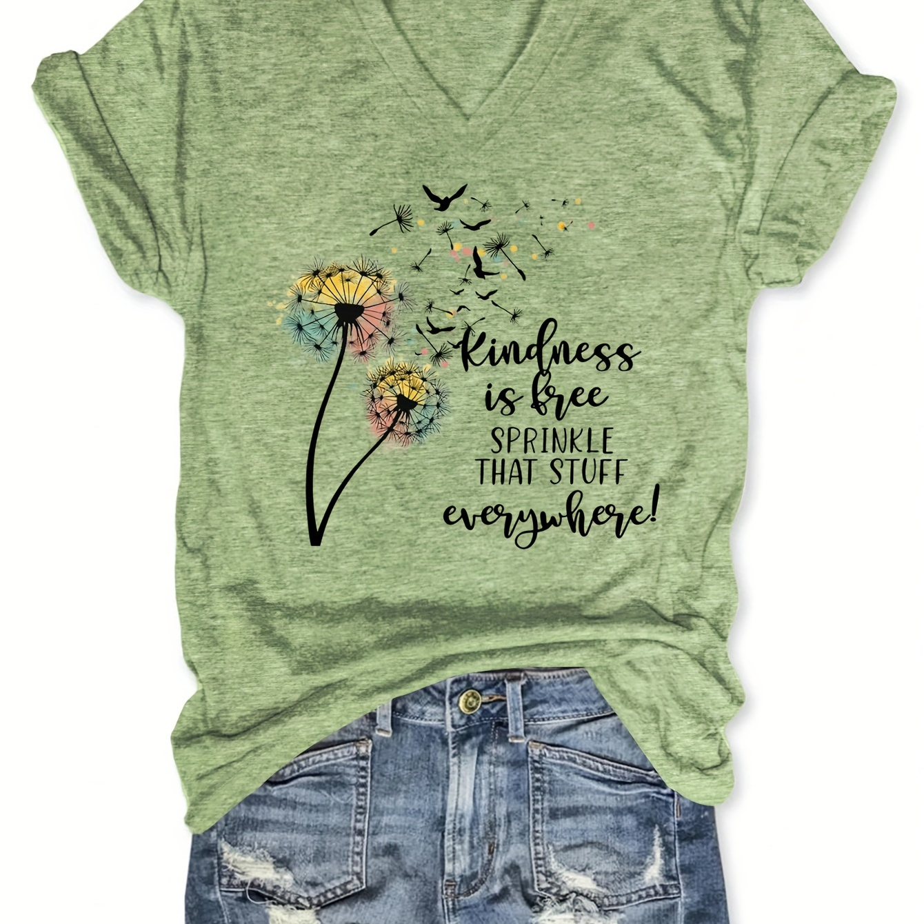 

Dandelion Print V Neck T-shirt, Casual Short Sleeve T-shirt For Spring & Summer, Women's Clothing