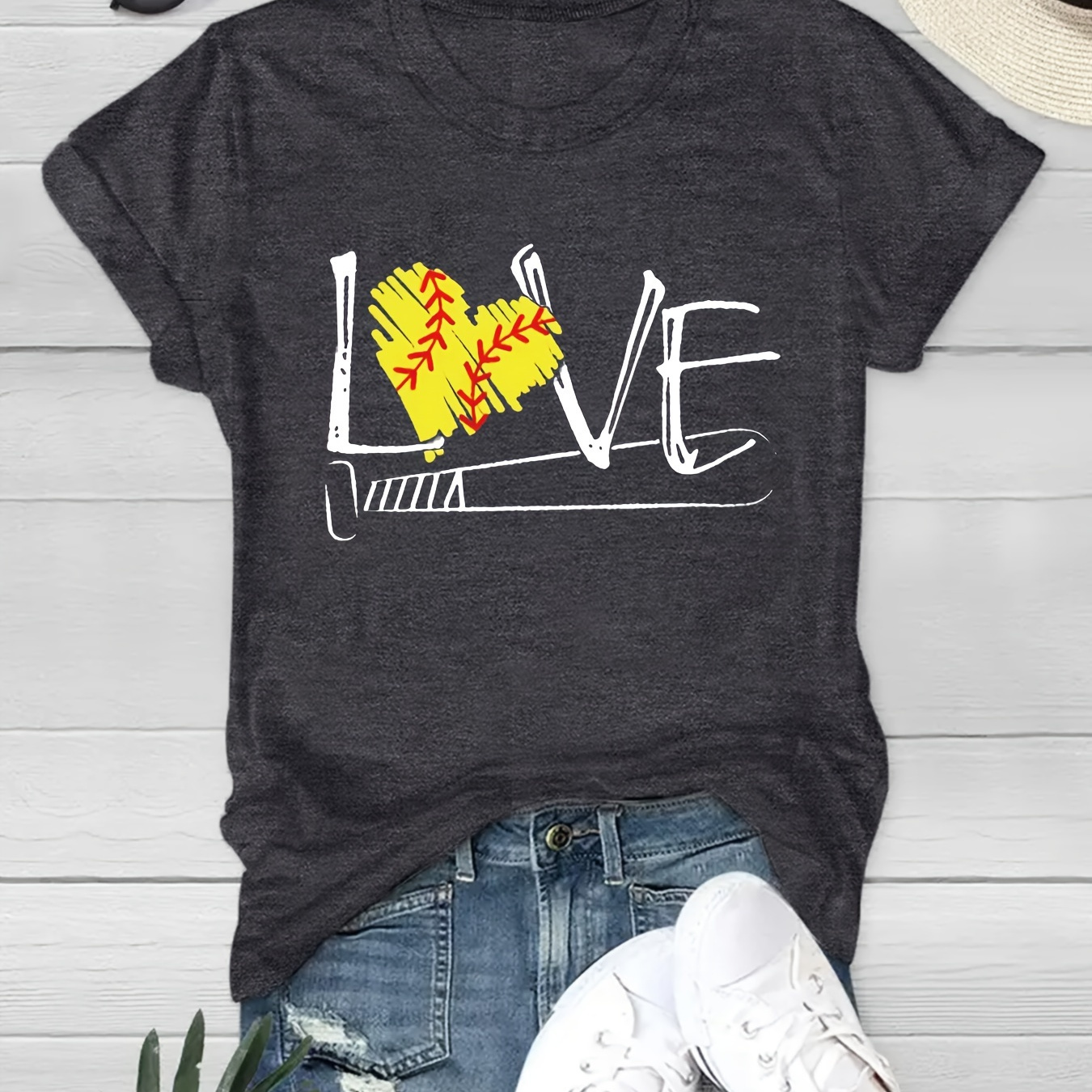 

Heart-shaped Baseball Print T-shirt, Short Sleeve Crew Neck Casual Top For Summer & Spring, Women's Clothing