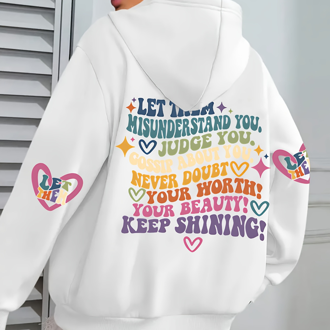 

Plus Size Casual Hoodie With Applique Alphabet Love , 100% Polyester Knit Fabric, Hooded Pullover With Medium Stretch, Fall/winter
