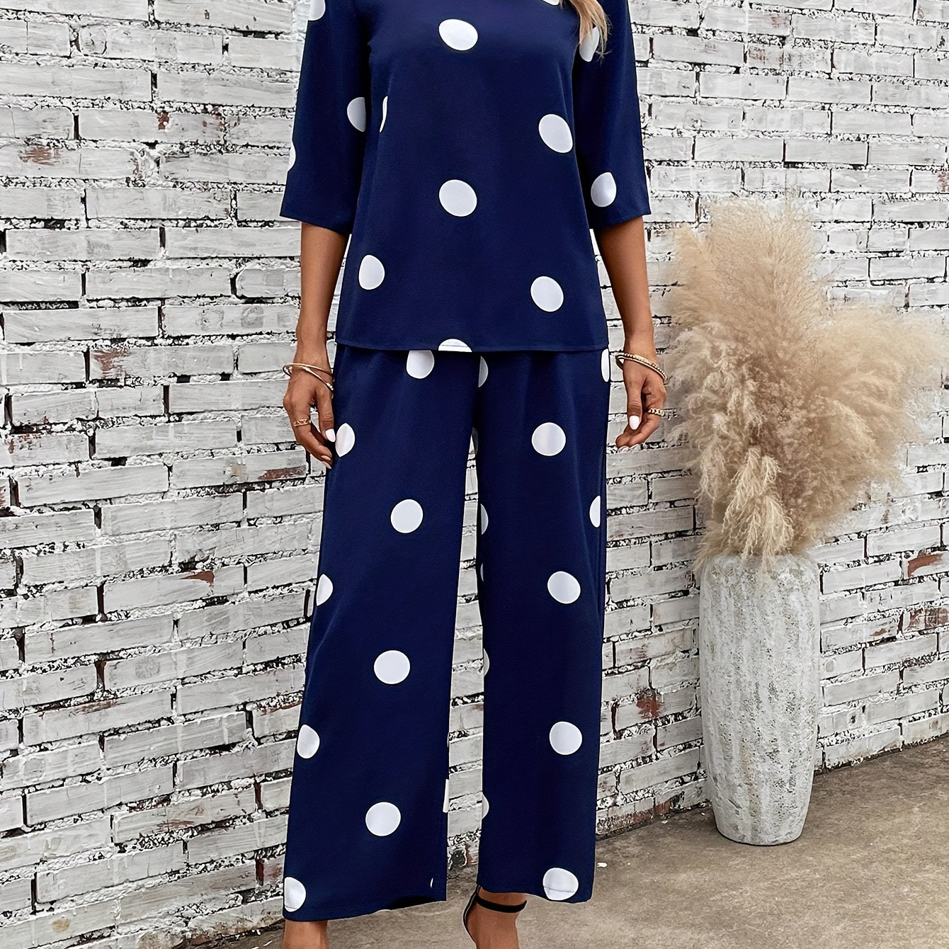 

Polka Dots Print Casual Pants Set, Crew Neck Top & Pants Outfits For Spring & Summer, Women's Clothing