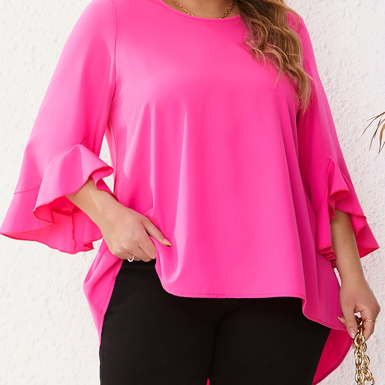 

Plus Size Ruffle Sleeve Blouse, Casual Solid Crew Neck Blouse For Spring & Summer, Women's Plus Size clothing