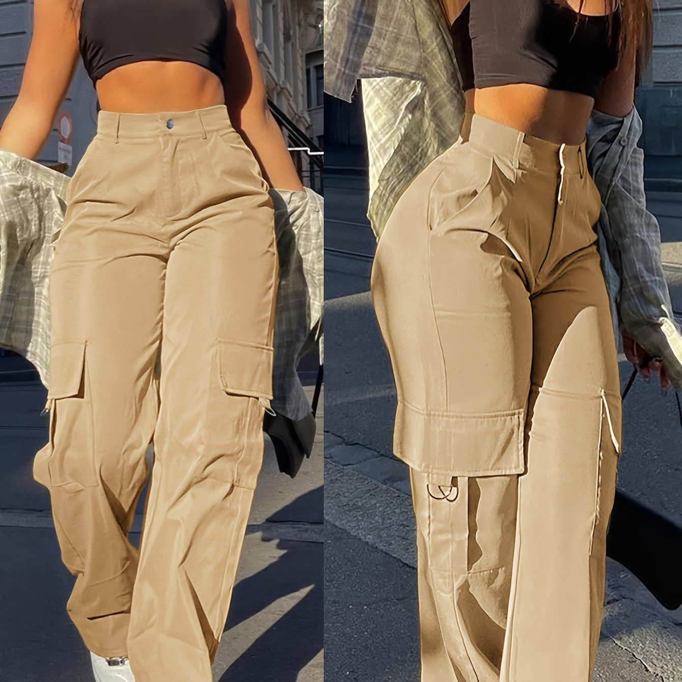 

1pc Pantalon cargo taille haute Swakaki pour femme, couleur unie en polyester, style streetwear, tissu tissé non extensible, longueur longue toutes avec poches à rabat