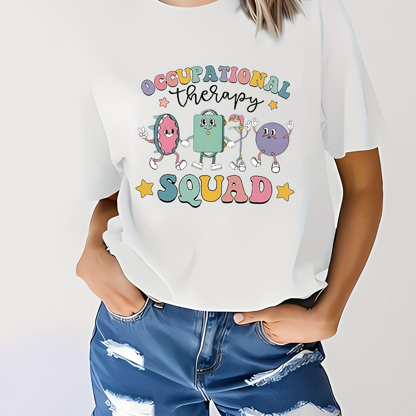 

Women's Casual Crew Neck T-shirt With Unique Letter Print - Soft Polyester , Machine Washable - Occupational & Ot