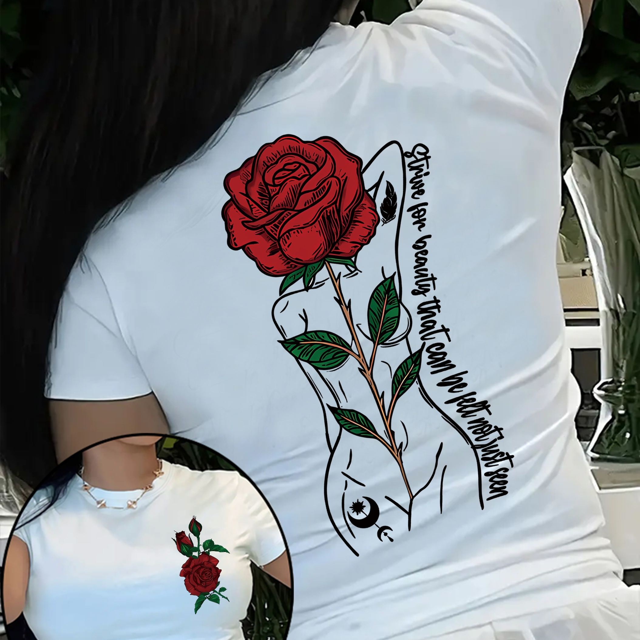 

Rose Print T-shirt, Short Sleeve Crew Neck Casual Top For Summer & Spring, Women's Clothing