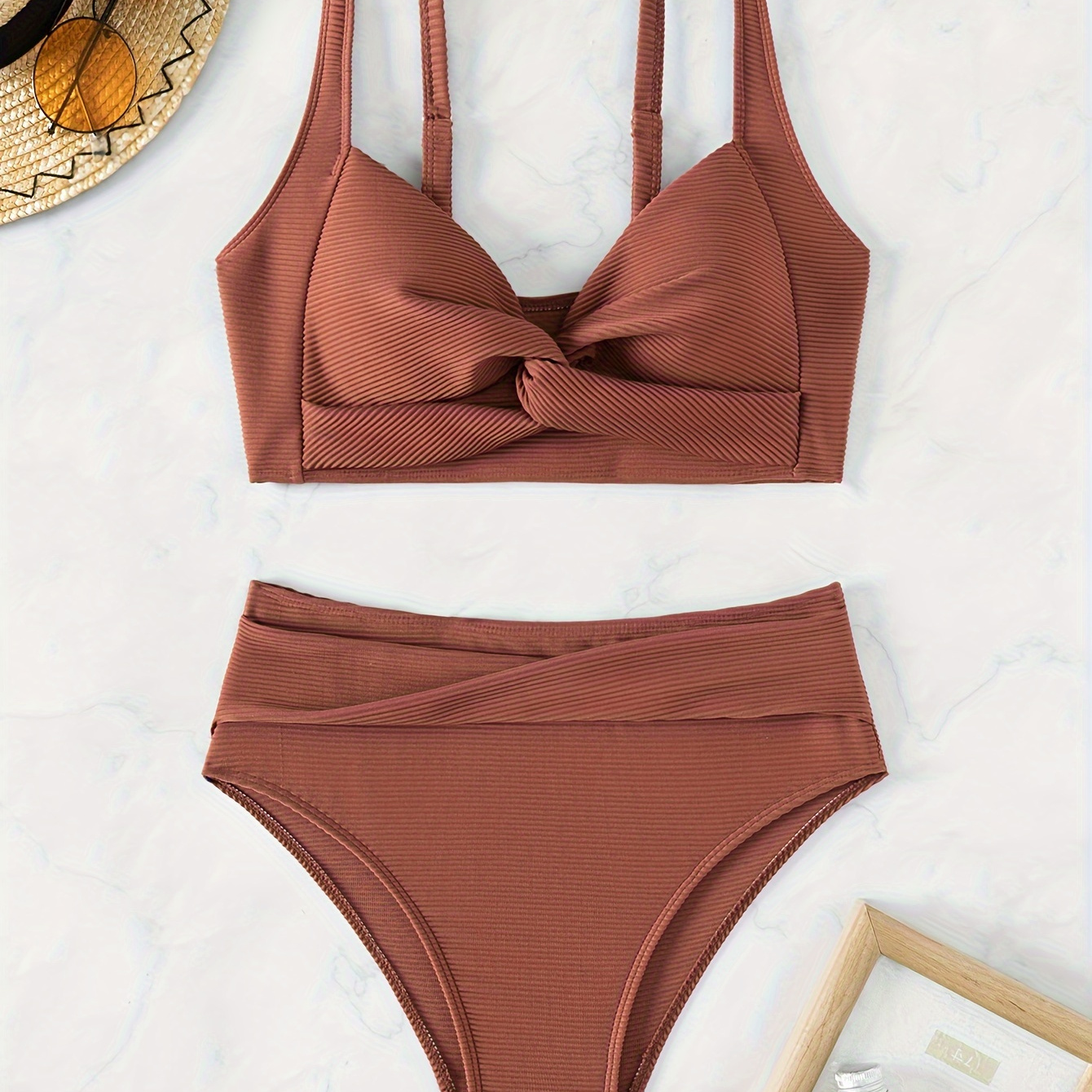 

Solid Color V Neck 2 Piece Set Bikini, Twisted High Cut Swimsuits, Women's Swimwear & Clothing