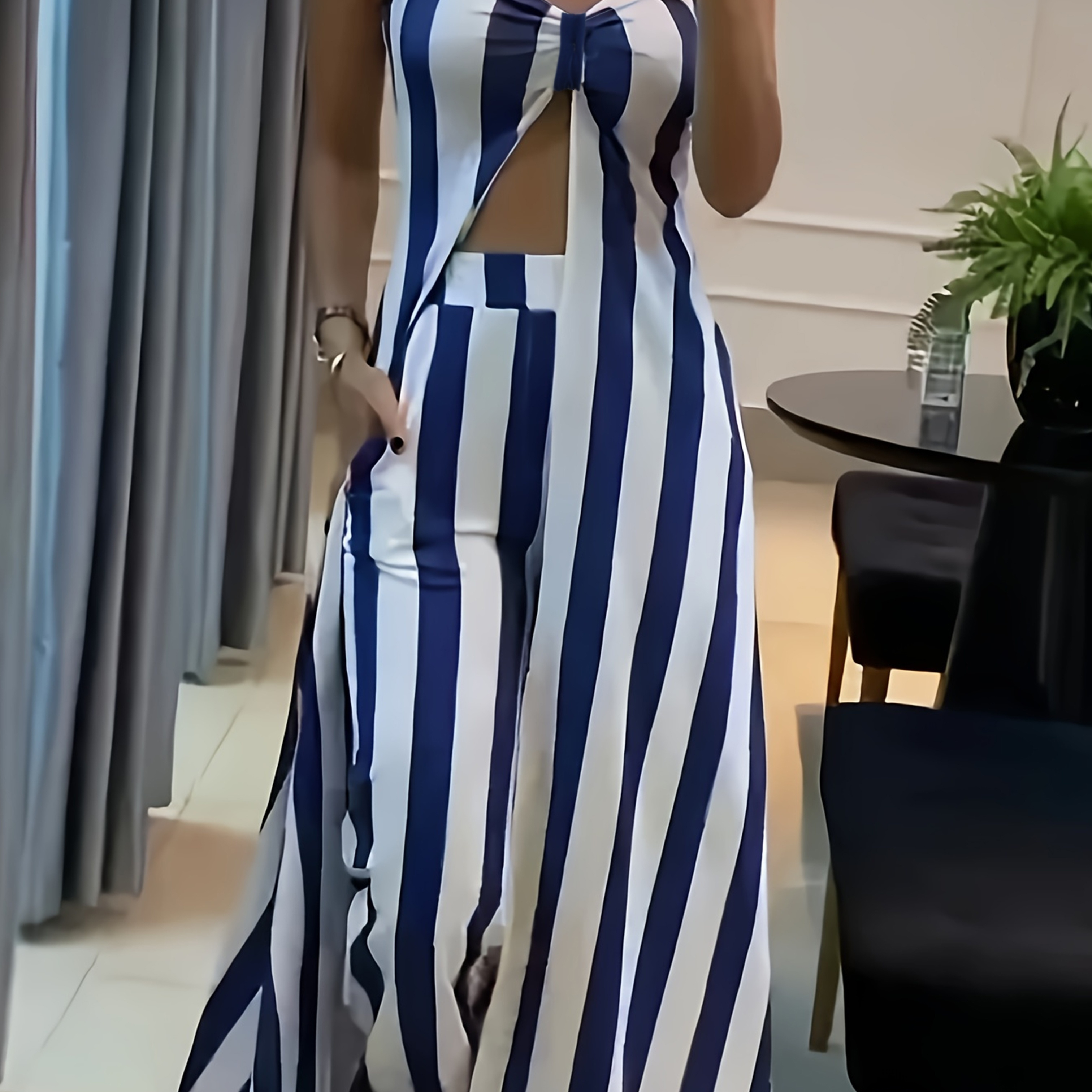 

Stripe Print Elegant 2 Piece Set, Midi Length Ruched Split Tank Top & High Waist Pants Outfits For Spring & Summer, Women's Clothing