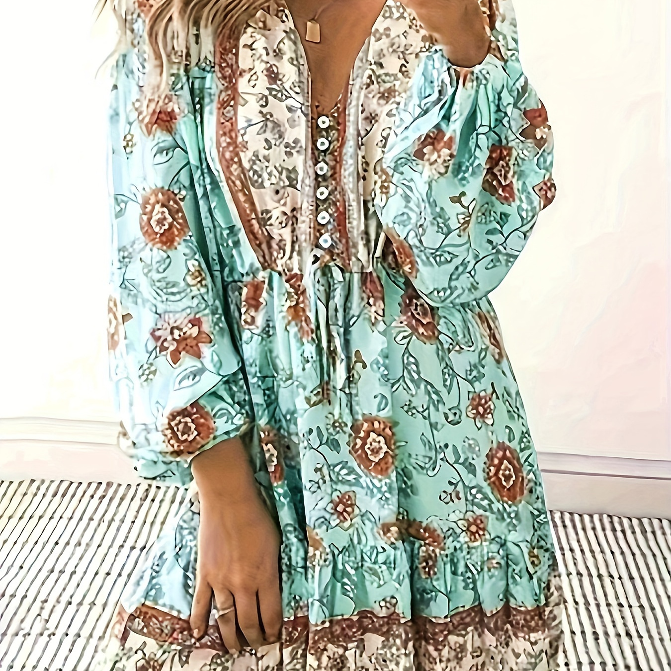 

Robe Chic à Imprimé Floral avec Col en V, Manches Lanterne et Ourlet à Volants - Parfaite pour & l'Été, Lavable en Machine