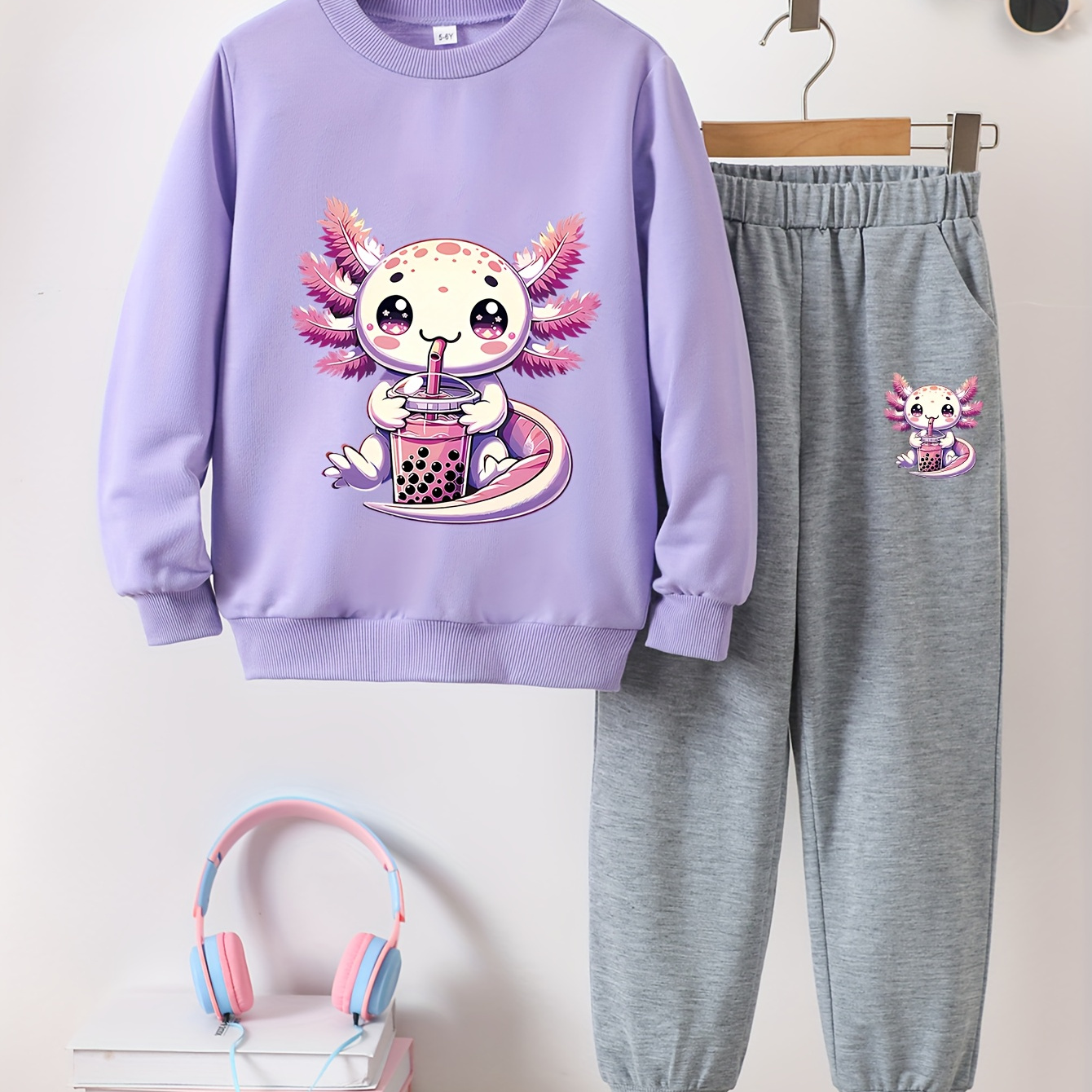 

Girls' Cozy Cartoon & Fish Print Sweatshirt And Joggers Set - Casual Long Sleeve Outfit For Spring/fall