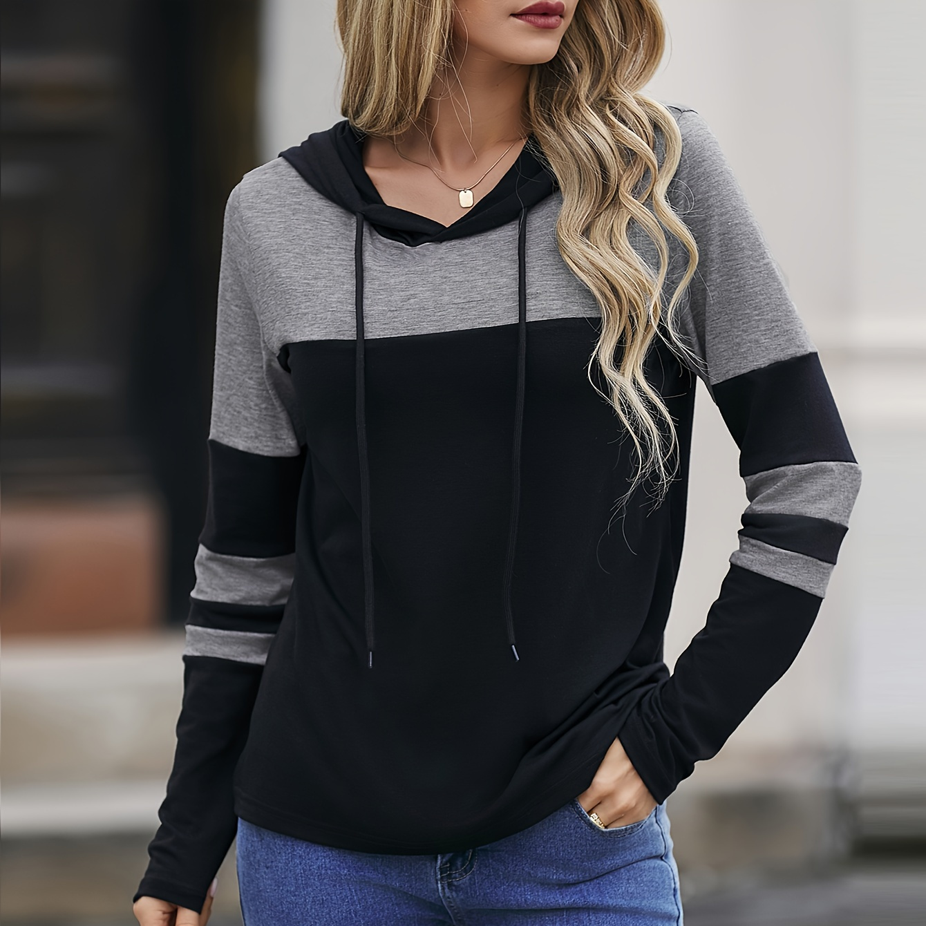 

Colorblock Striped Hoodie, Casual Drawstring Long Sleeve Top For Spring & Fall, Women's Clothing