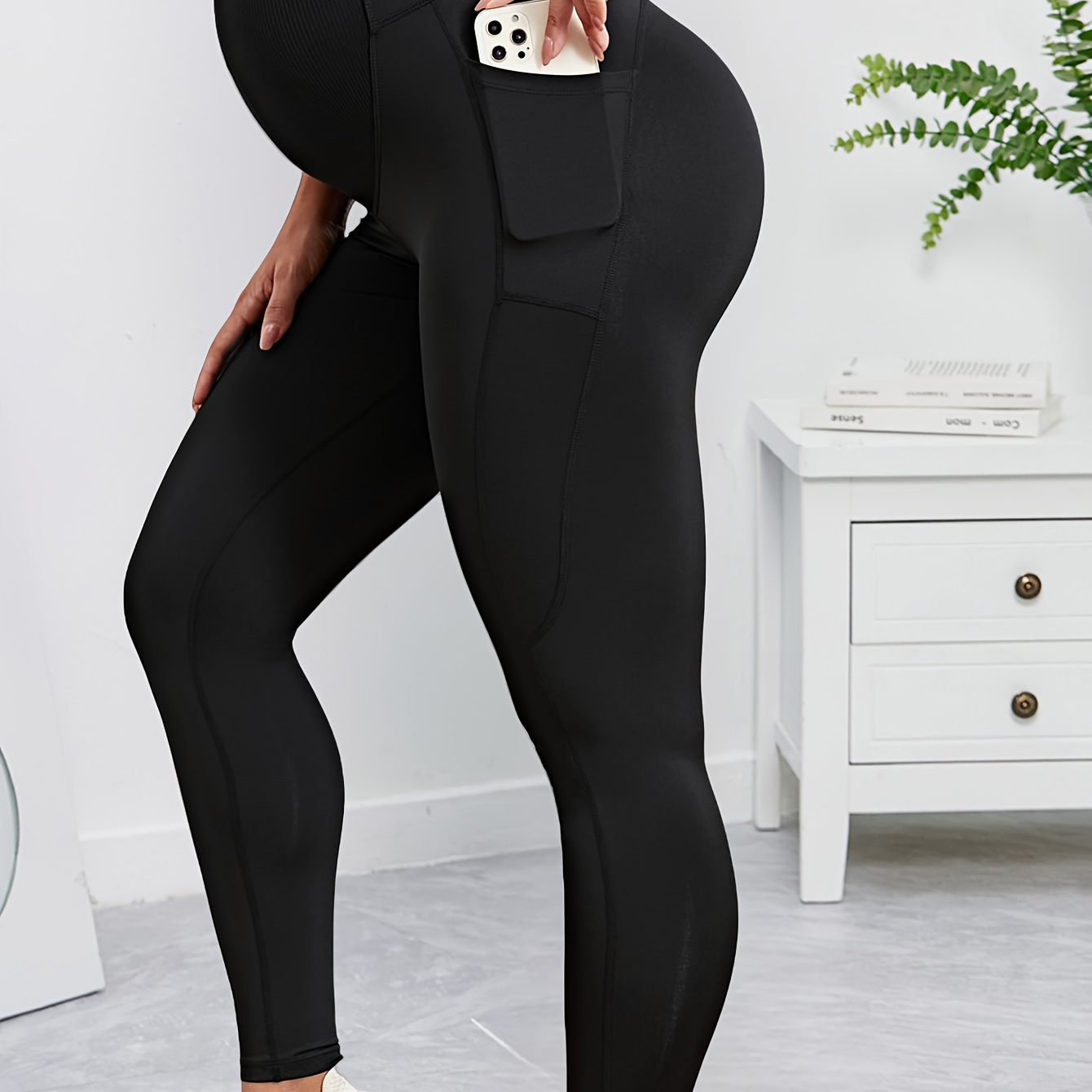

Women's Maternity High Waist Solid Color Leggings With Pocket And Belly Support