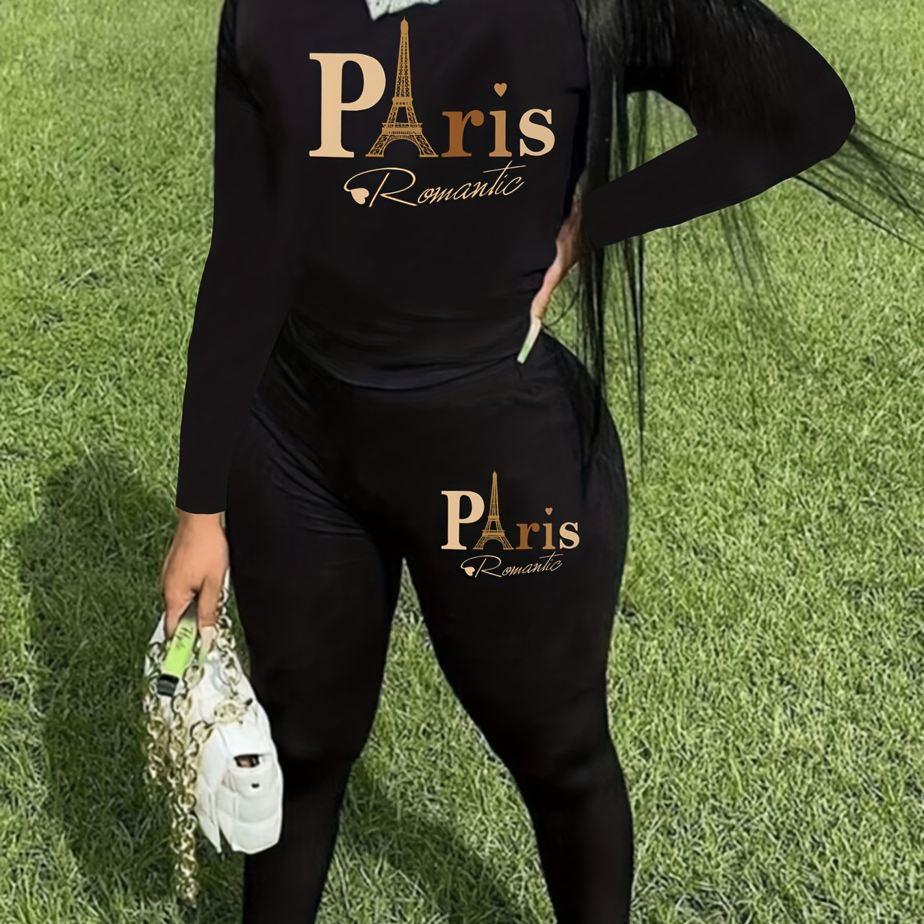 

Plus Size Paris Letter Print Two-piece Set, Crew Neck Long Sleeve Top & Pants Outfits, Women's Plus Size clothing